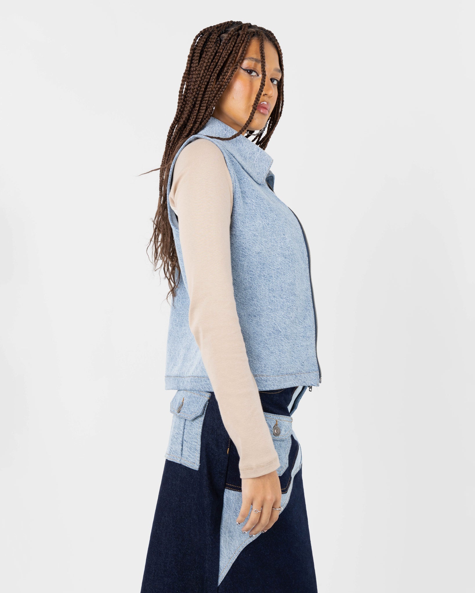 Lost & Found Co-Ord Denim Patchwork Gilet In Blue